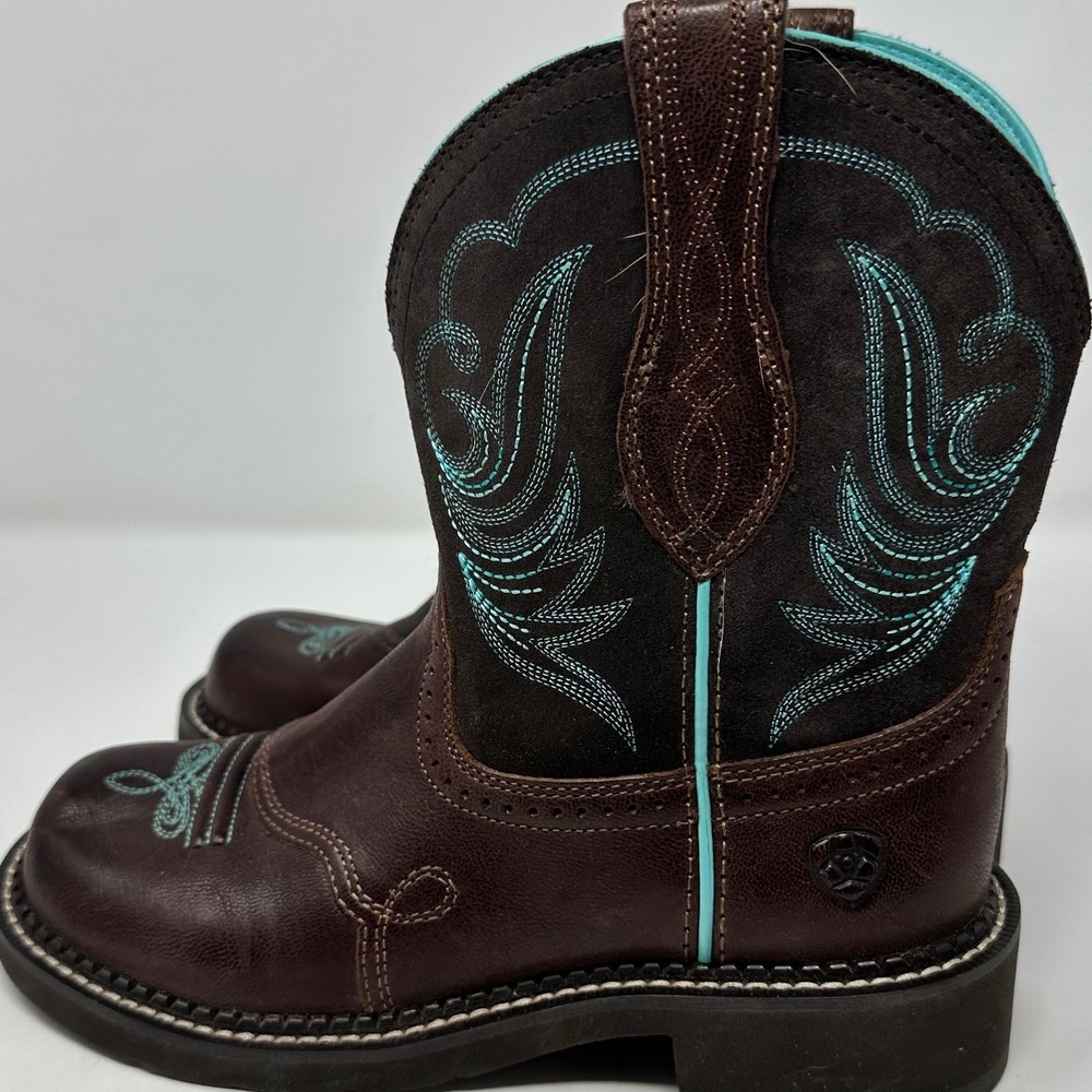 Ariat Brown Leather Western Ankle Boot with Teal Stitching - Picture 10 of 13